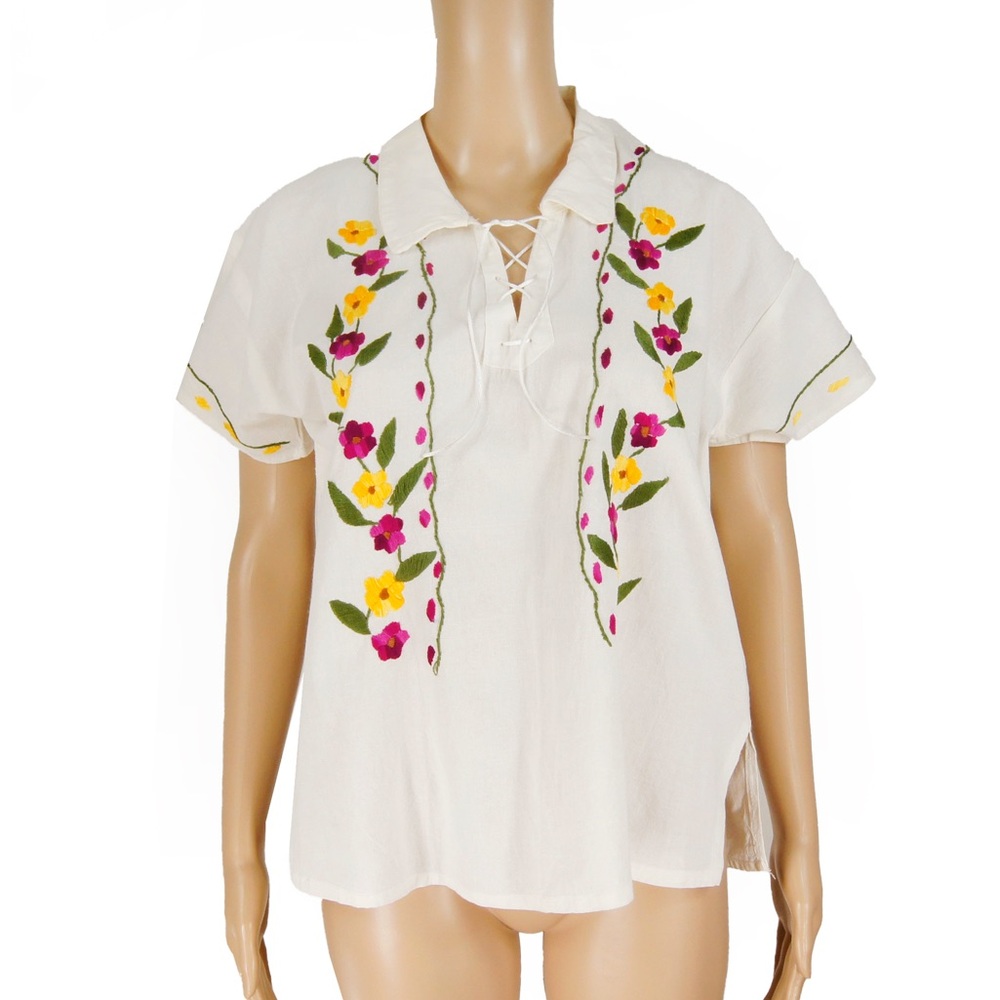 Vintage White Linen Tie Up Collar Floral Embroidered Boho Short Sleeve Top